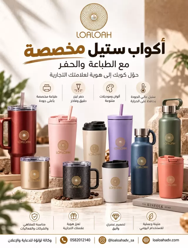 أكواب ومطارات ستانلس ستيل مخصصة بالشعار: